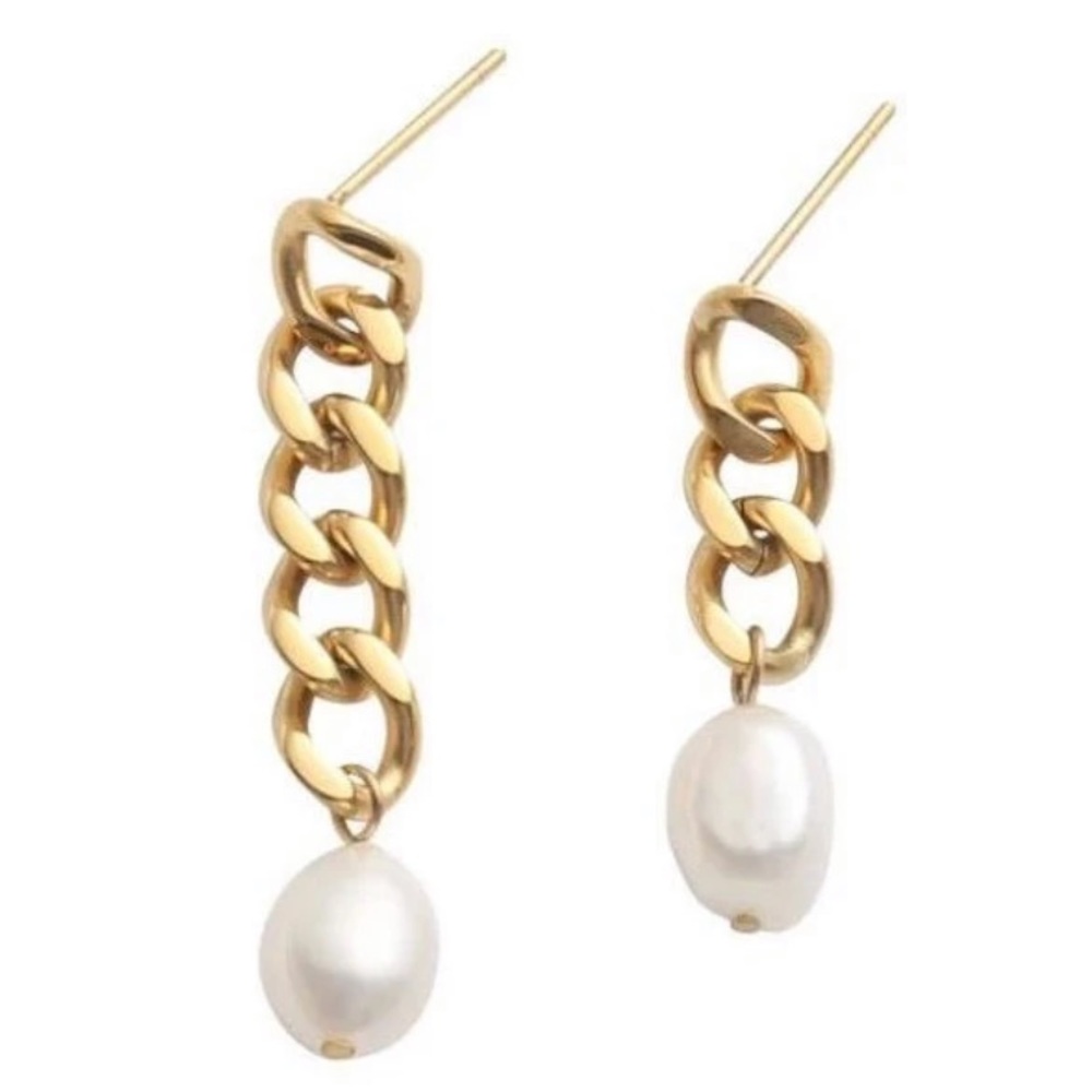 18k plated gold Cuban link pearl drop earrings